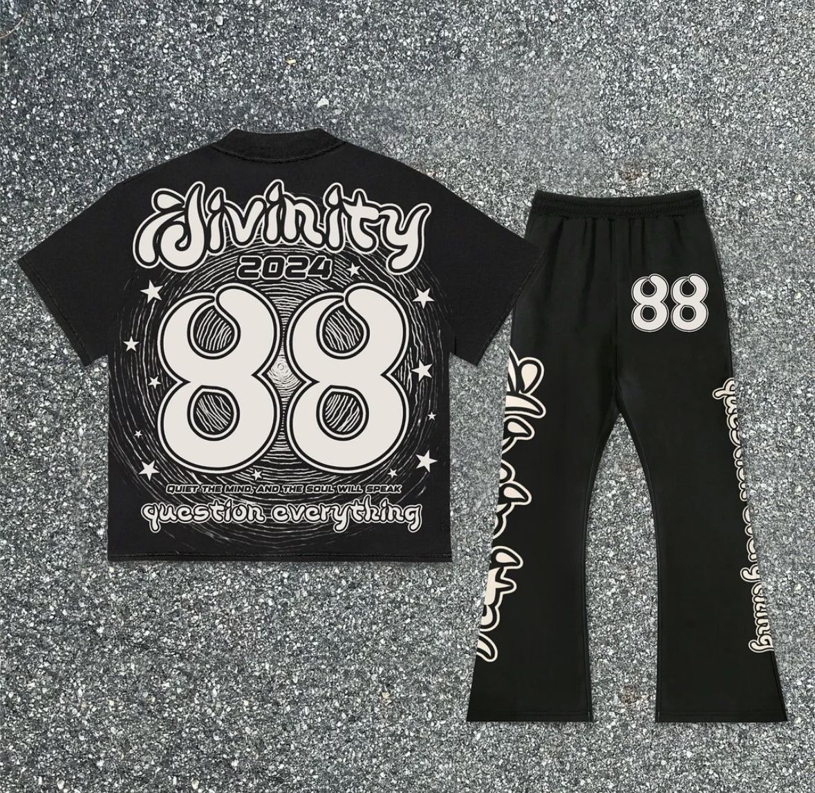 Divine Meditation No 88 Vintage Graphic Print T-shirt & Flared Sweatpants