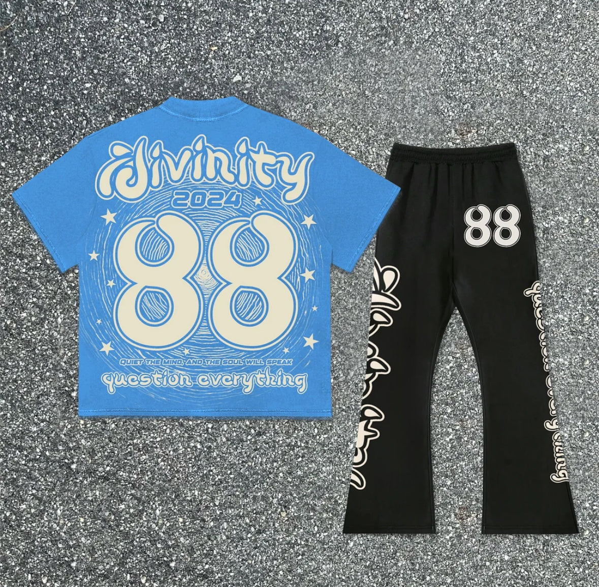 Divine Meditation No 88 Vintage Graphic Print T-shirt & Flared Sweatpants