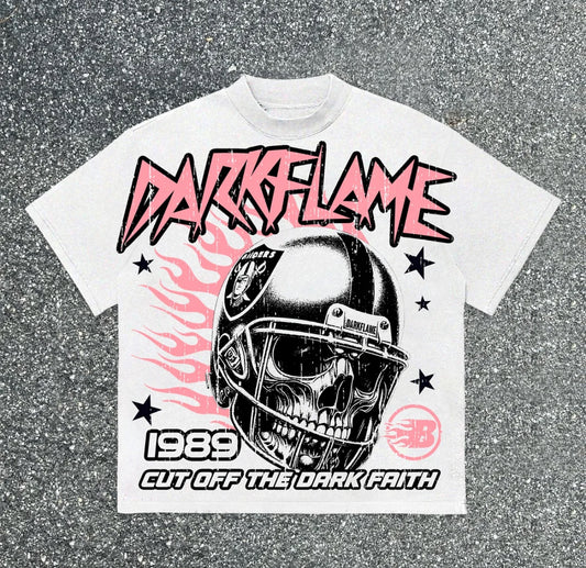 Darkflame Skull Flame Rugby Helmet Vintage Graphics Cotton T-Shirt