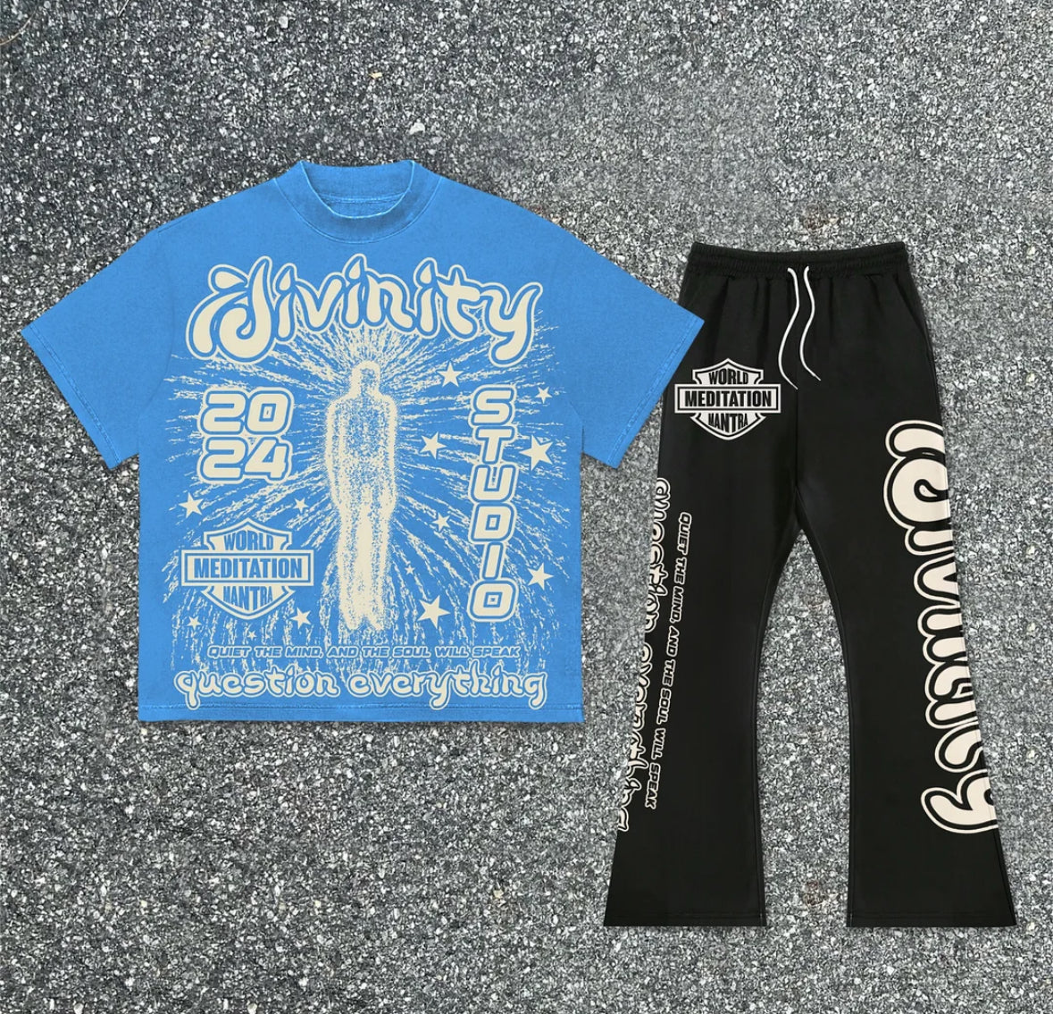 Divine Meditation No 88 Vintage Graphic Print T-shirt & Flared Sweatpants